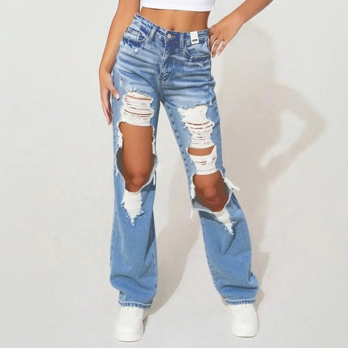 Loose Fit Distressed Denim Jeans American Style Ripped Design Trendy